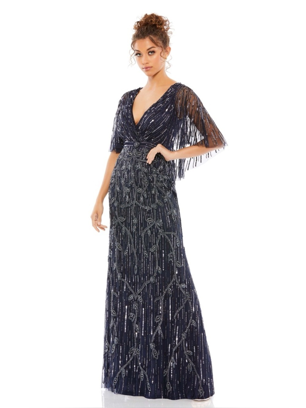 Mac Duggal 9064 Blue Embellished Cap Sleeve Faux Wrap Trumpet Gown Size 6 NWT